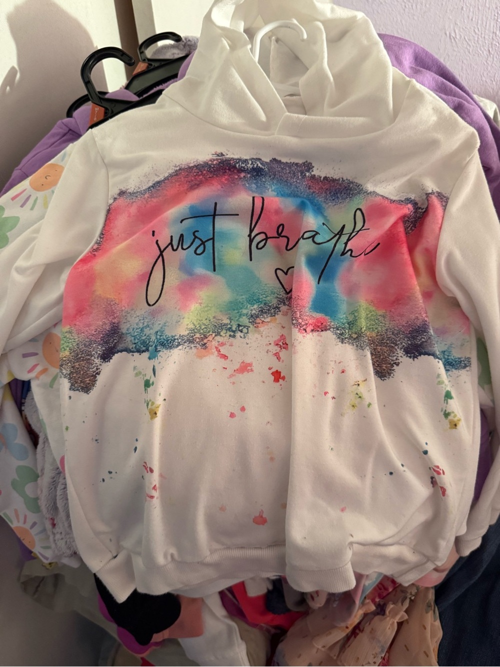 SHEIN White Hoodie with Multicolor Rainbow Splash